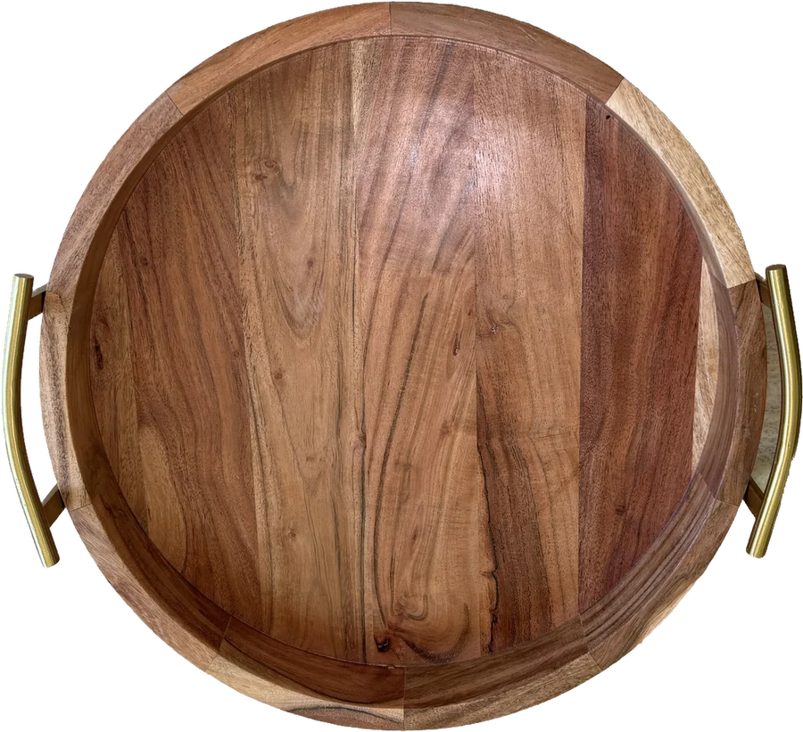 Large round acacia tray with brass handles