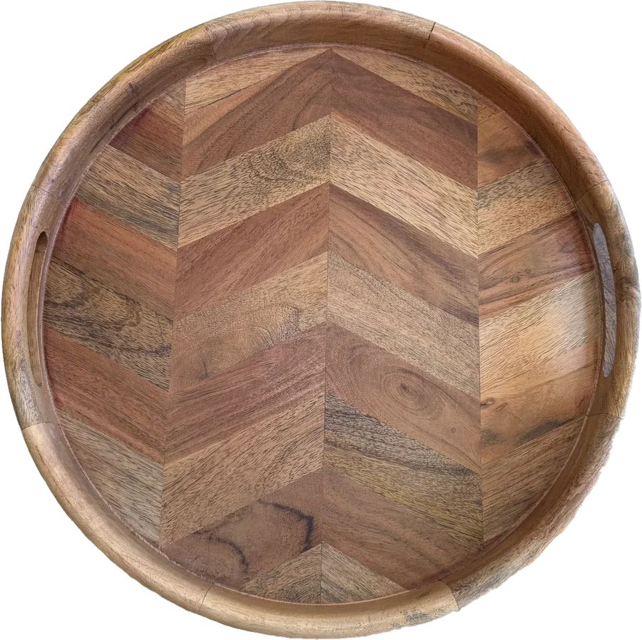 Round chevron-pattern wood tray with cut-out handles